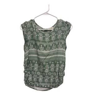 Love J Green White Floral Print Ruffle Sleeve Keyhole Back‎ Top Womens Medium
